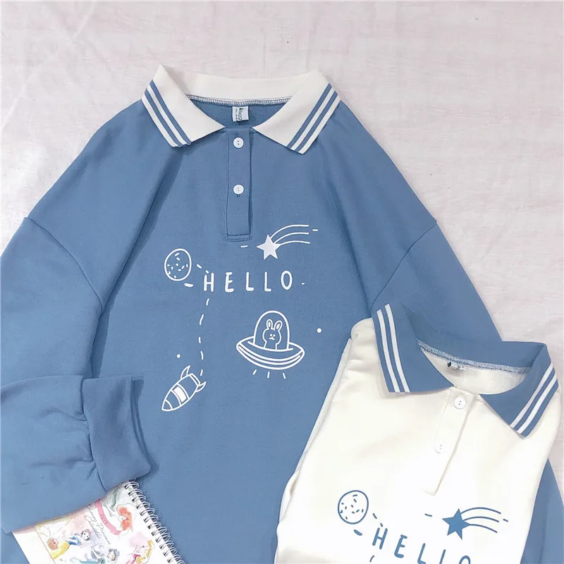 

Autumn new Wild Simple Loose Cartoon Rabbit Print Hoodie Sweatshirt Student Casual Harajuku POLO Collar pullover Tops Korean