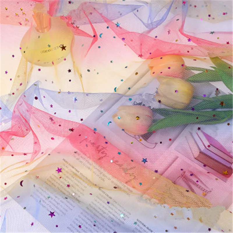 Радужная сетчатая ткань с блестками градиентный цвет сетка пряжа звезды луна