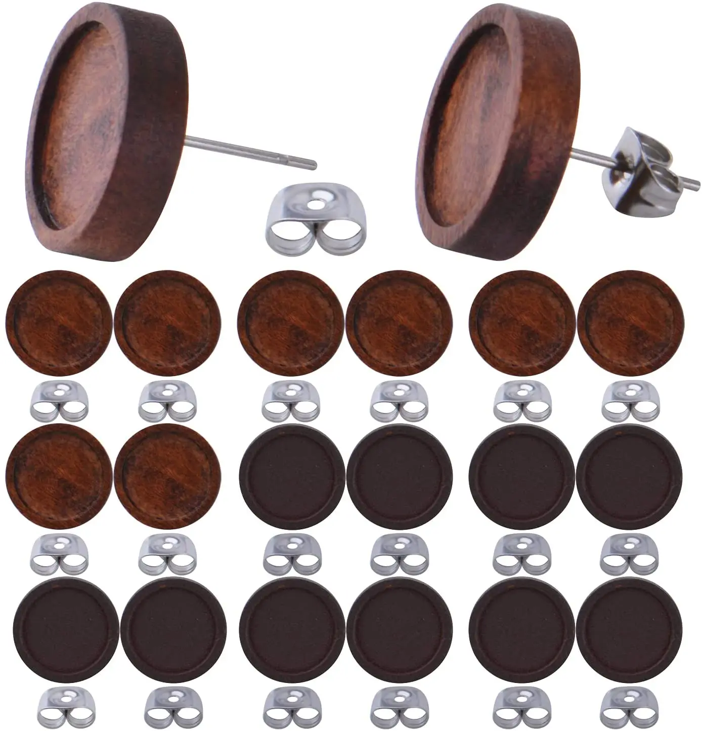 

20pcs Wood Stainless Steel Earring Cabochon Blanks Round Bezel Tray Ear Studs with 20pcs Butterfly Ear Backs for Jewelry Making
