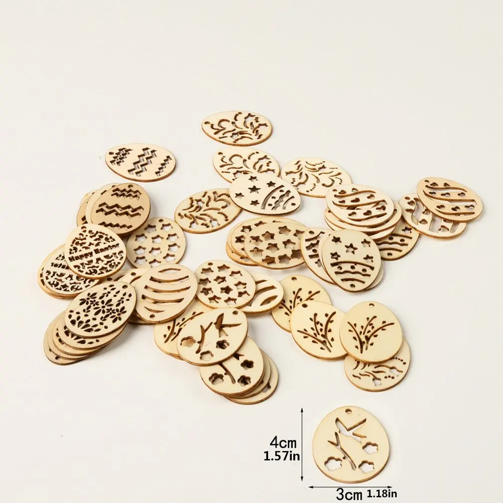 

50pcs/bag Easter Wooden DIY Creative Pendant Home Decoration DIY Egg Wooden Craft Pendant Carving Wooden Craft