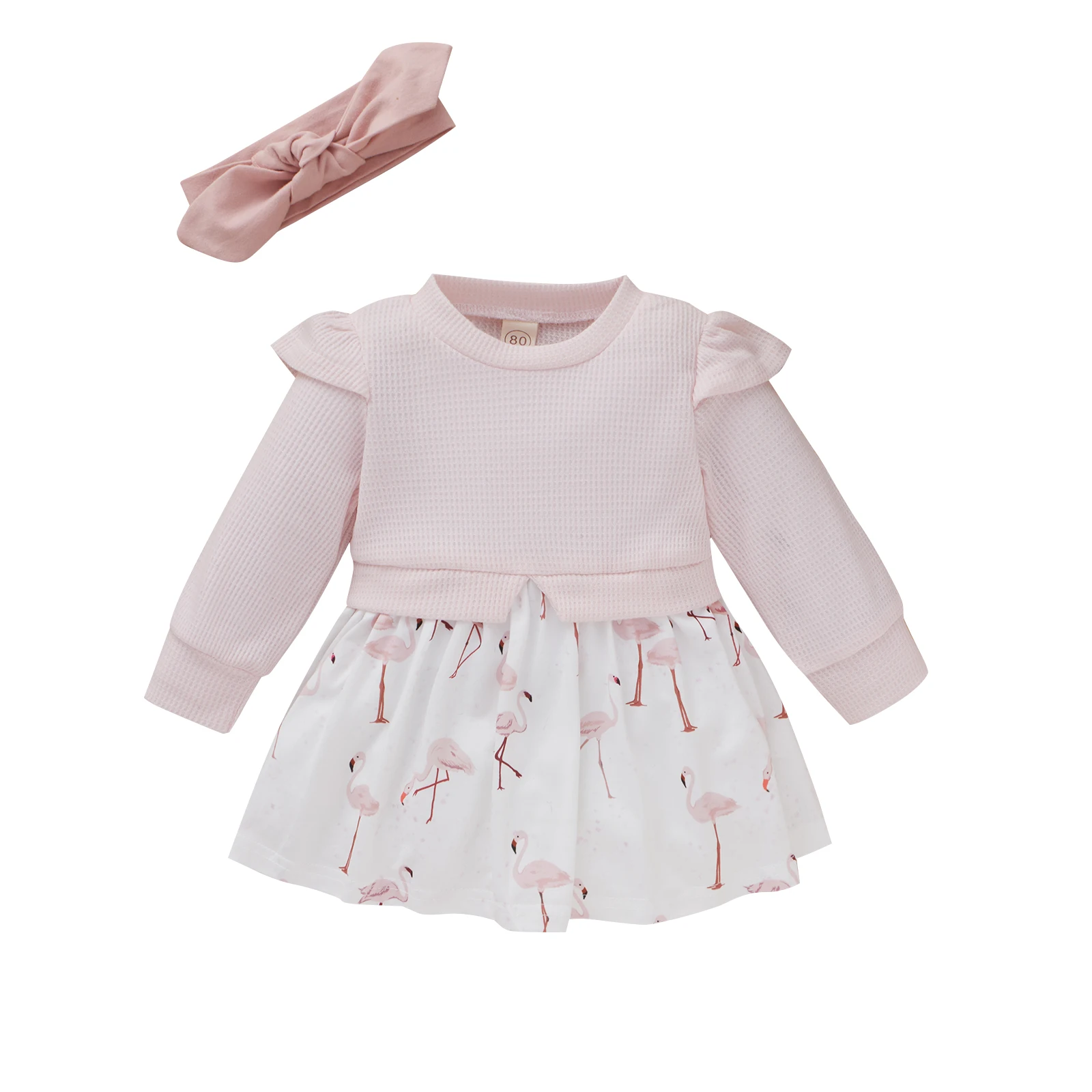 

Toddler Kids Ruffle Dress Flamingo Print Round Neck Long Sleeve Dresses with Headband for Baby Girls Pink 6 Months-3 Years