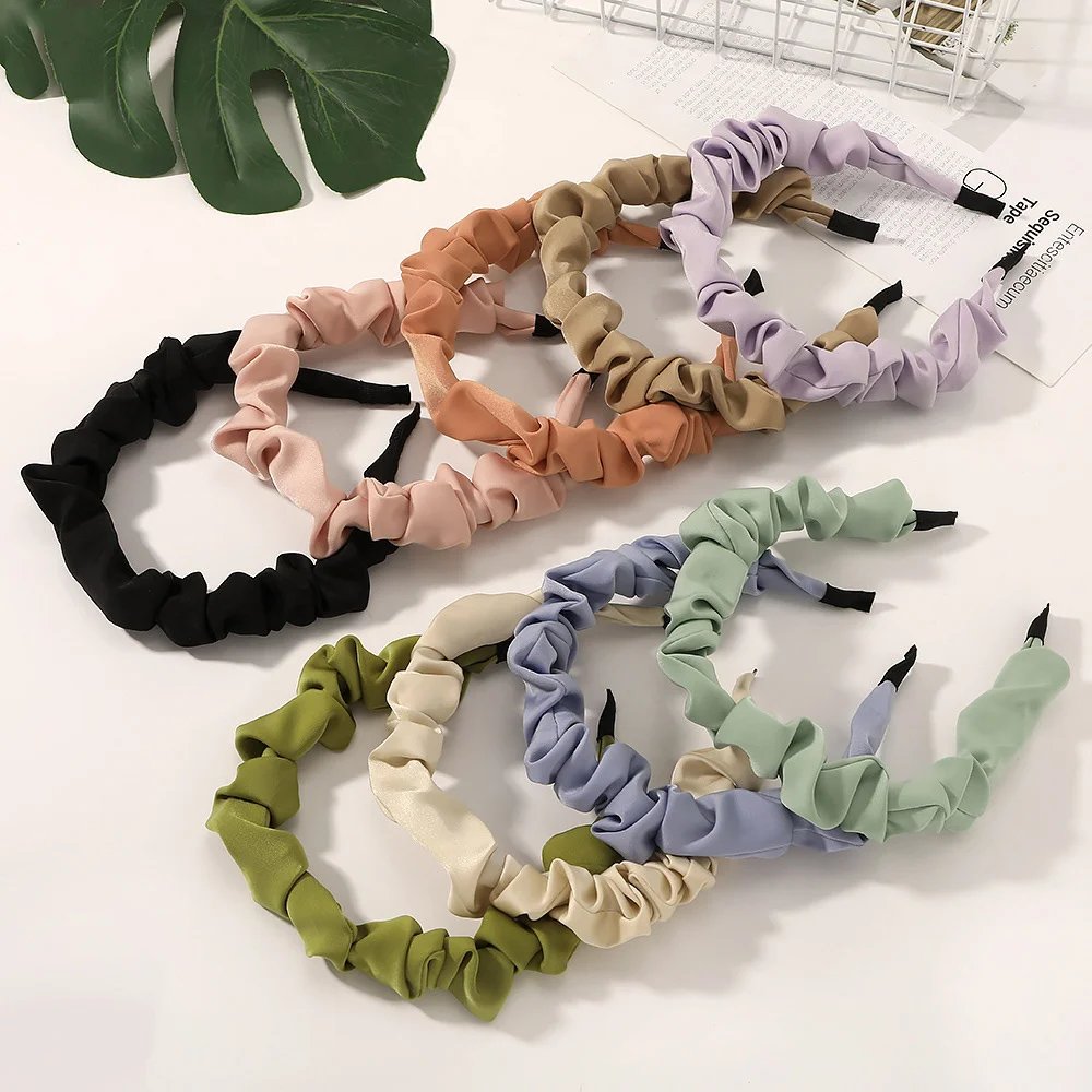 

2021solid Color Satin Pleated Girls Headband Colorful Multi-purpose Sweet Hairband Hair Hoops Hair Band Fashion Hair Accessories