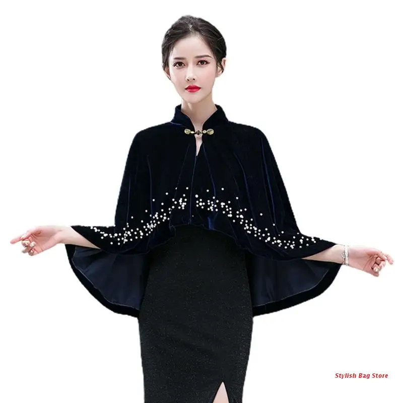 

Women Vintage Velvet Shawl Wrap Stand Collar Pearl Beading Cape Cover Up Shrug