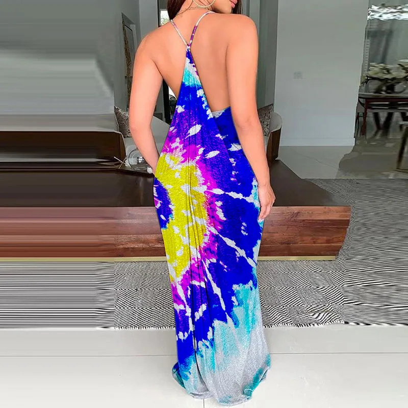 

Fashion Lady Elegant Deep V Neck Long Dress Women Sexy Spaghetti Strap Casual Party Dress Summer Loose Print Dress Vestidos 4XL