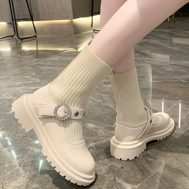 

HKXN Mary Jane Japanese JK Women Boots Fall 2021 New College Wind Socks Boots Thick-soled Knitted Elastic Socks Boots