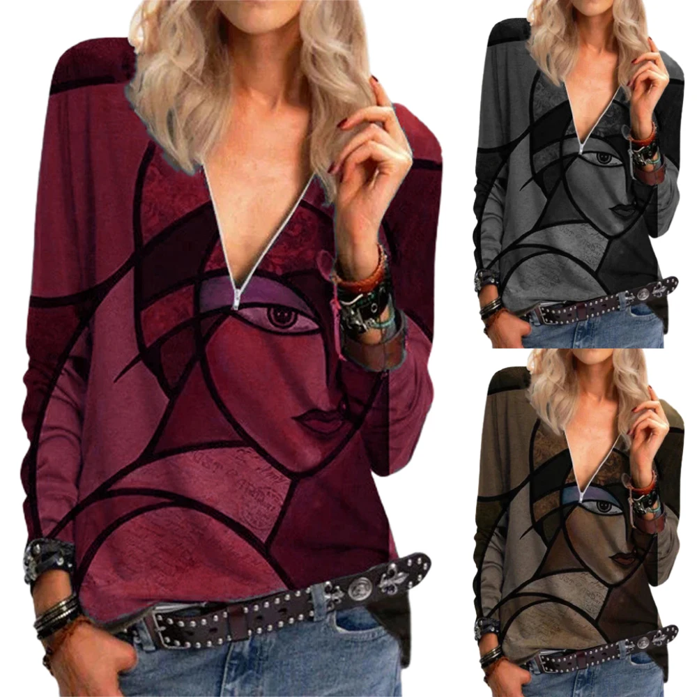 

Женские футболки с принтом, футболки с длинным рукавом, женская одежда, приталенные повседневные женские топы на молнии с V-образным вырезом