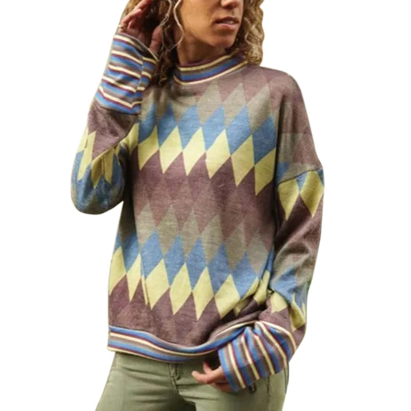 

Women Plus Size Long Sleeve Turtleneck Loose Sweatshirt Contrast Colored Rhombus Plaid Printed Pullover Tops Striped Patchwork C