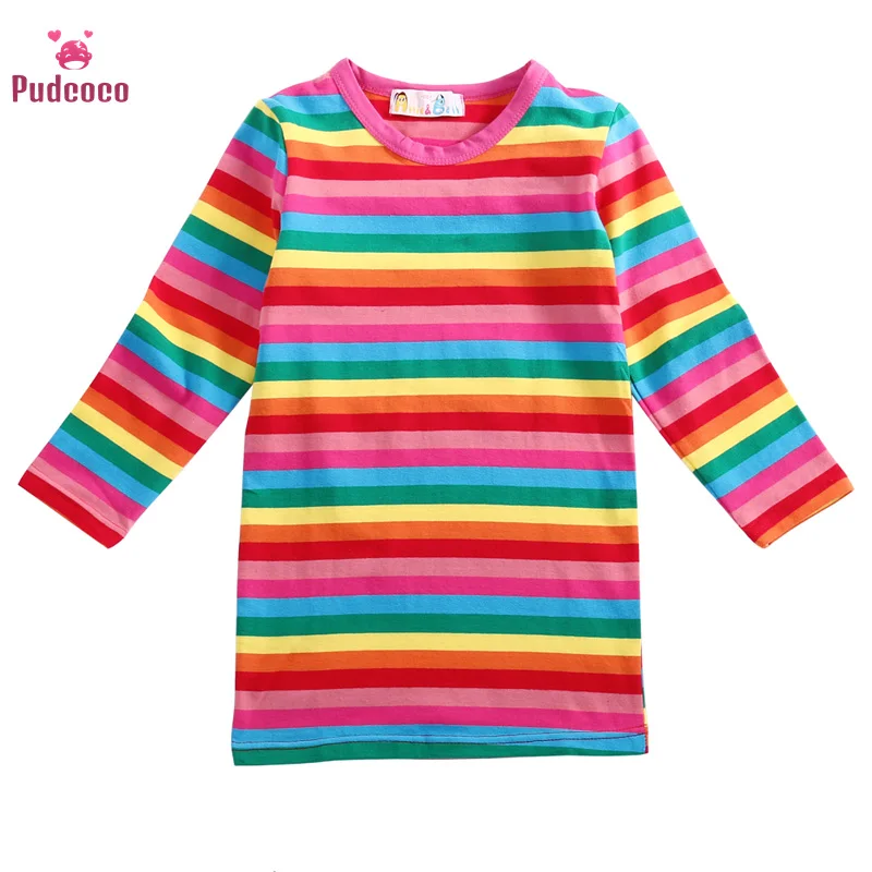 

Брендовые осенне-зимние платья Pudcoco, весна-осень, Детская футболка с длинным рукавом для девочек, платье, радужная полоса, о-образный вырез, т...