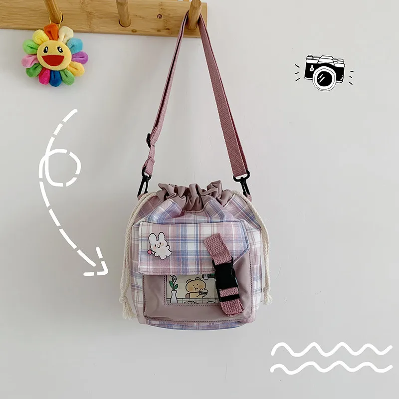 2021 New Children's Bag Japanese Cute Cartoon Lattice Shoulder Bag College Style Canvas Messenger Bag