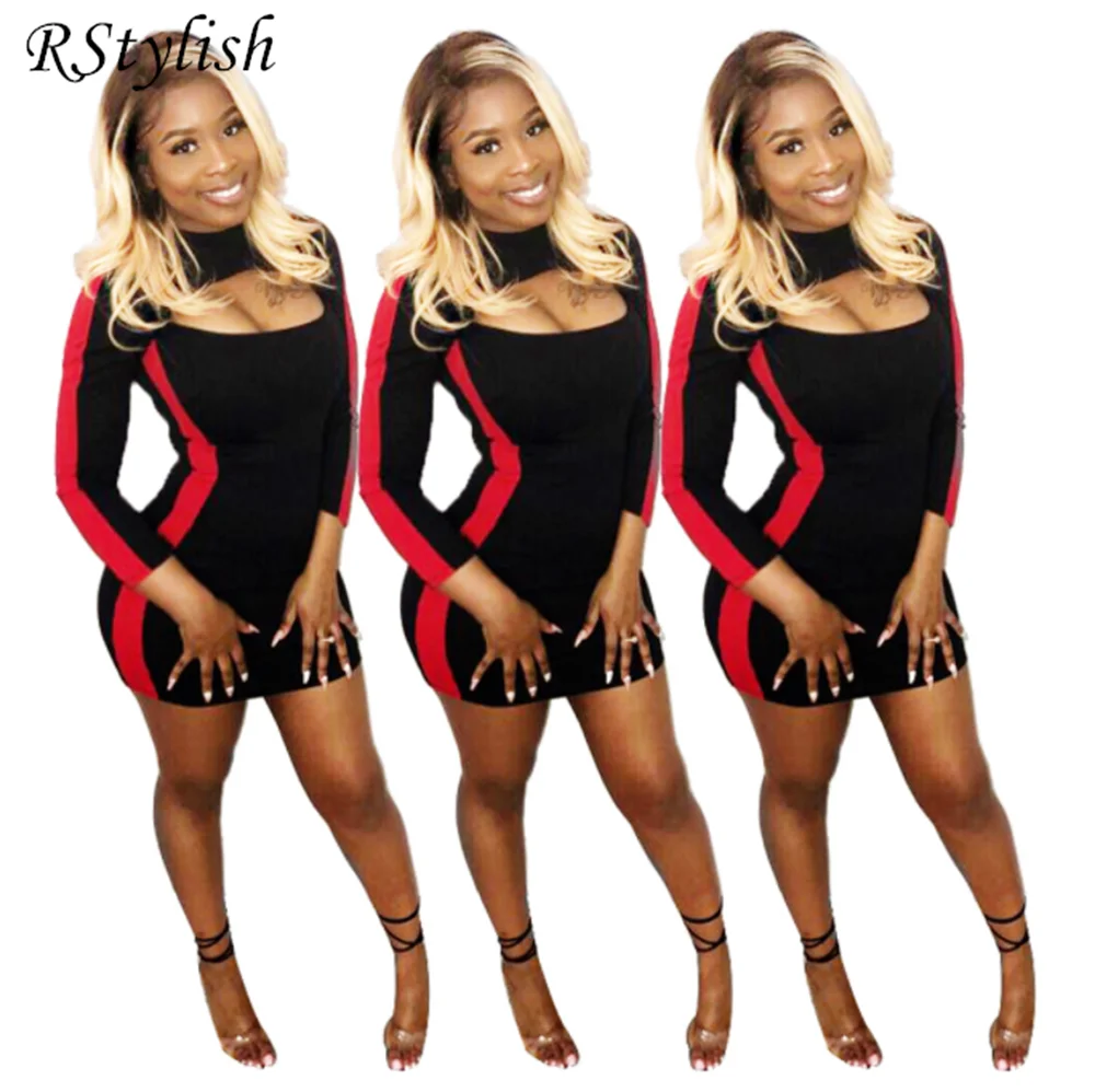

RStylish 2022 Hollow Chest Long Sleeve Slim Side Striped Patchwork Spring Women Clothing Hot Girl Sexy Mini Dress