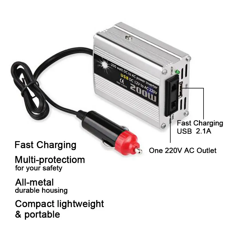 Портативный автомобильный преобразователь напряжения 200 Вт 12 В 220 инвертор