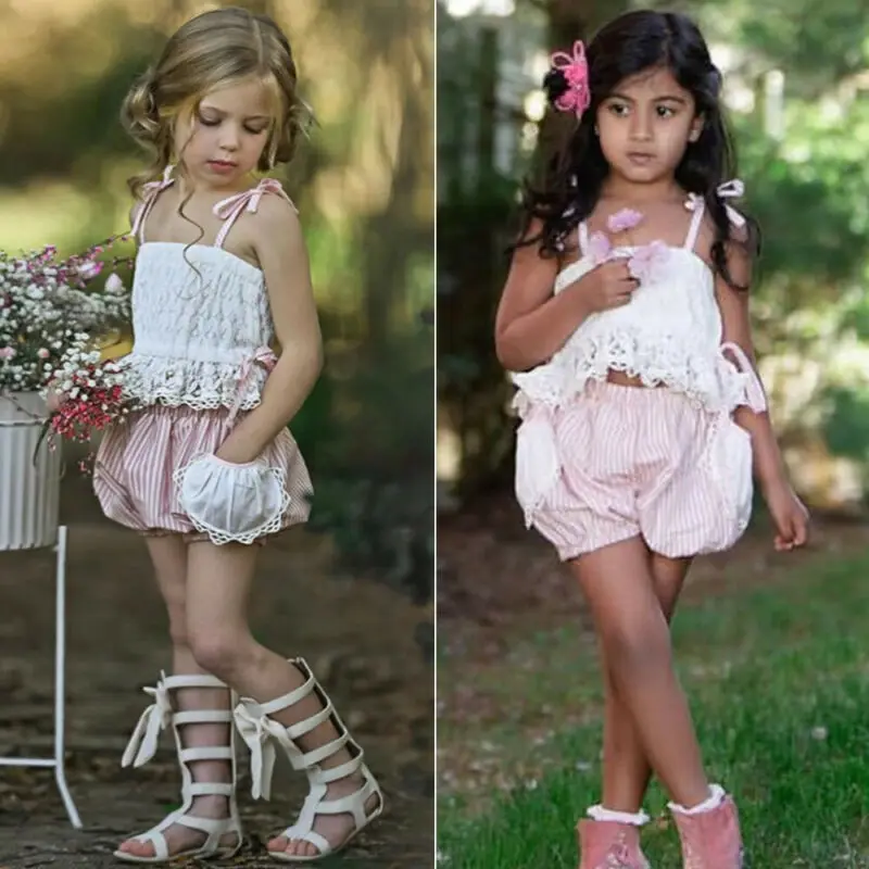 2 шт. безрукавка и шорты в полоску для девочек|Комплекты одежды девочек| |