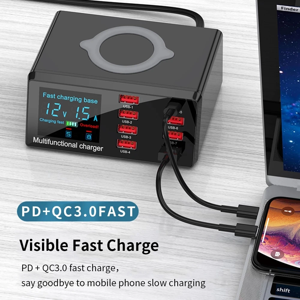 100W Quick Charge 3.0 Adapter HUB 8 Ports USB Wireless Charger station PD Fast For iPhone 12 11 Samsung Xiaomi Huawei - купить по