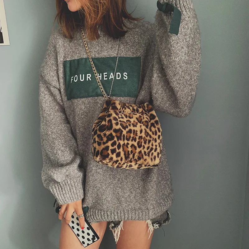 

Fashion Leopard Plush Messenger Bags Women Winter Chain Bucket Shoulder Handbag Popular Simple Female Daily Bag