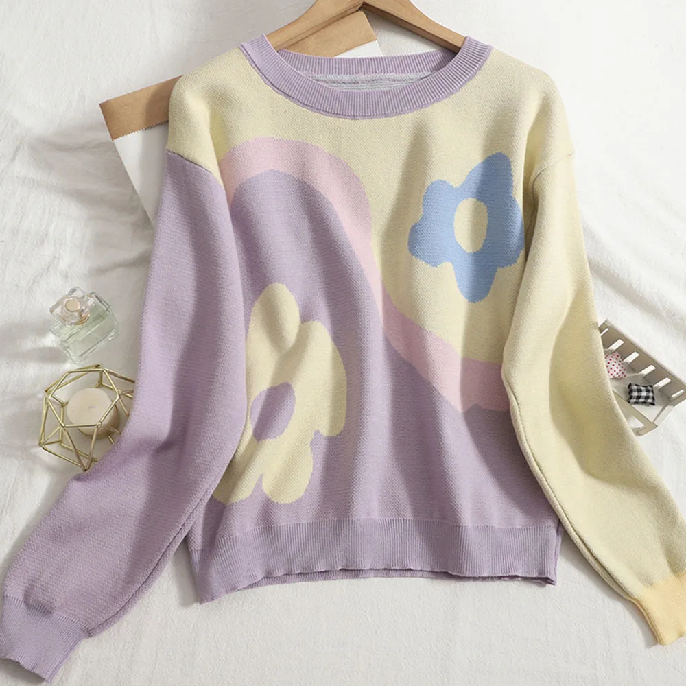 

Women 2022 Flower Pattern Knitted Sweater Jumper O Neck Female Elegant Pullovers