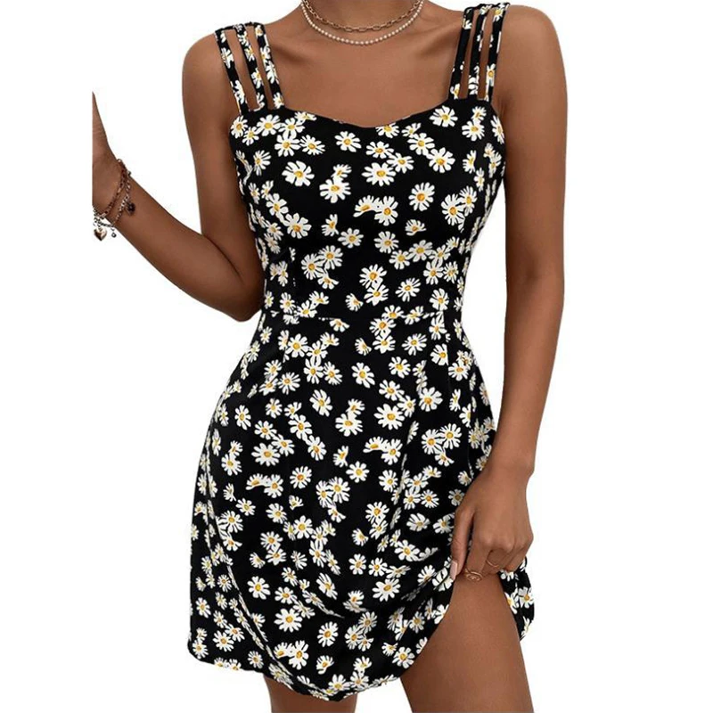 

Print Floral Sleeveless Sheath Above Knee Casual Dresses for Women Girl Mini Sling Dress SWD889
