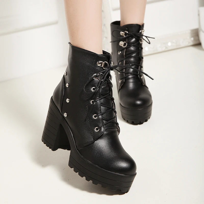 Женские ботильоны на платформе и толстом высоком каблуке с круглым