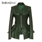 Женская куртка на молнии twotwin2, повседневная Элегантная куртка из искусственной кожи с отворотом и длинным рукавом, модный новый стиль