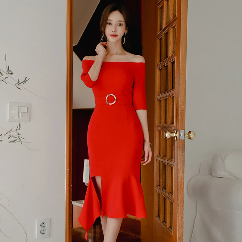 

Foamlina Sexy Women Red Bodycon Dress Slash Neck Off Shoulder Half Sleeve Midi Dress Elegant Ladies Evening Party Vestidos