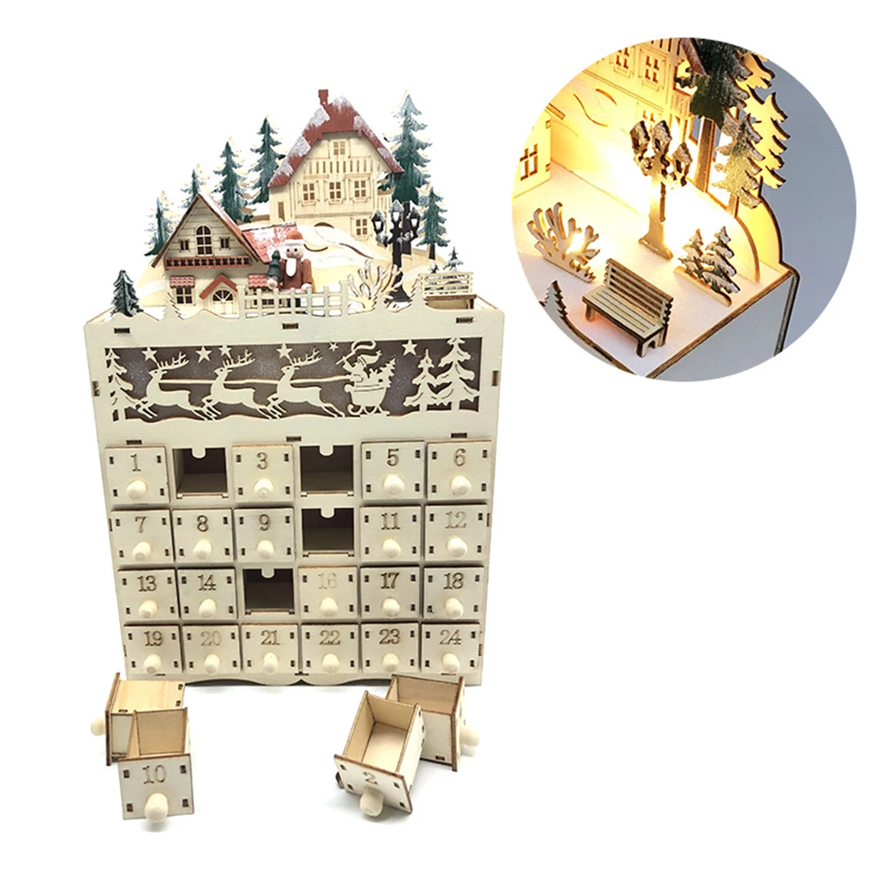 

Christmas Advent Calendar Wooden Countdown Xmas Santa Claus LED Ornament 24 Drawers With LED Light DIY Crafts Navidad Home Decor