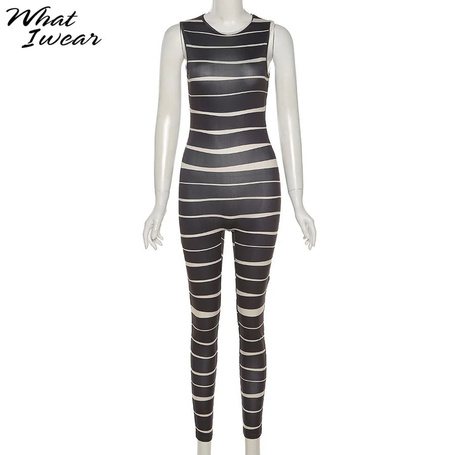 

Whatiwear Striped Skinny Splicing Jumpsuit Women Casual High Stretchy Active Hipster Sleeveless O-Neck High Street Female Wear