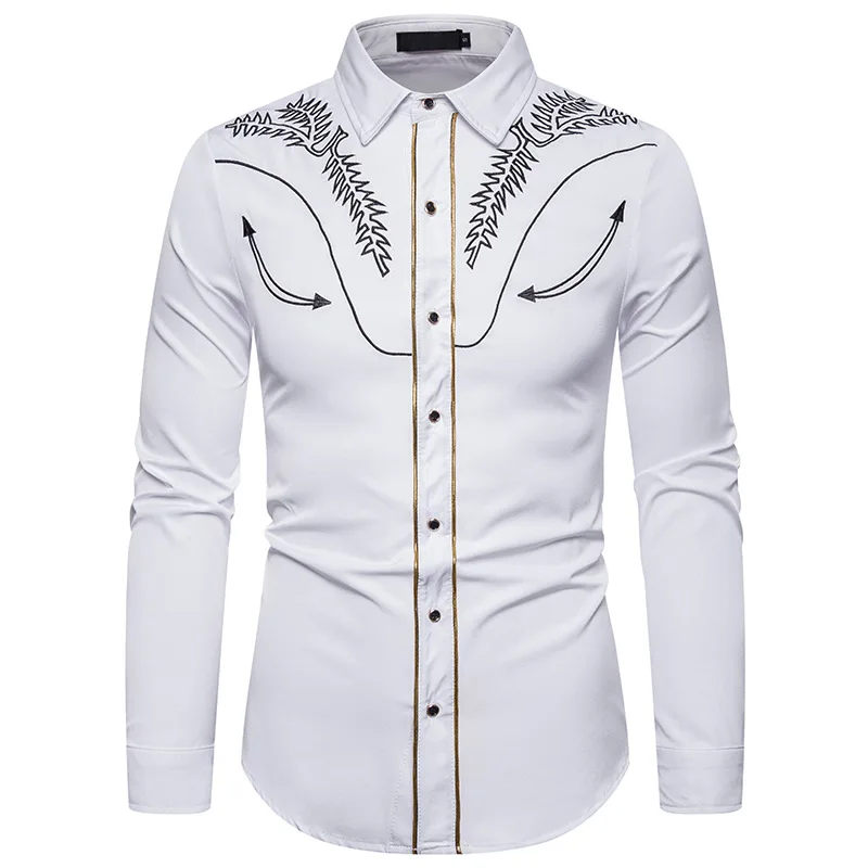 

Stylish Western Cowboy Shirt Men Brand White Embroidery Slim Fit Casual Long Sleeve Mens Dress Shirts Wedding Tuxedo Shirt Male