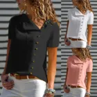 Женская однотонная блузка на пуговицах, с коротким рукавом и V-образным вырезом