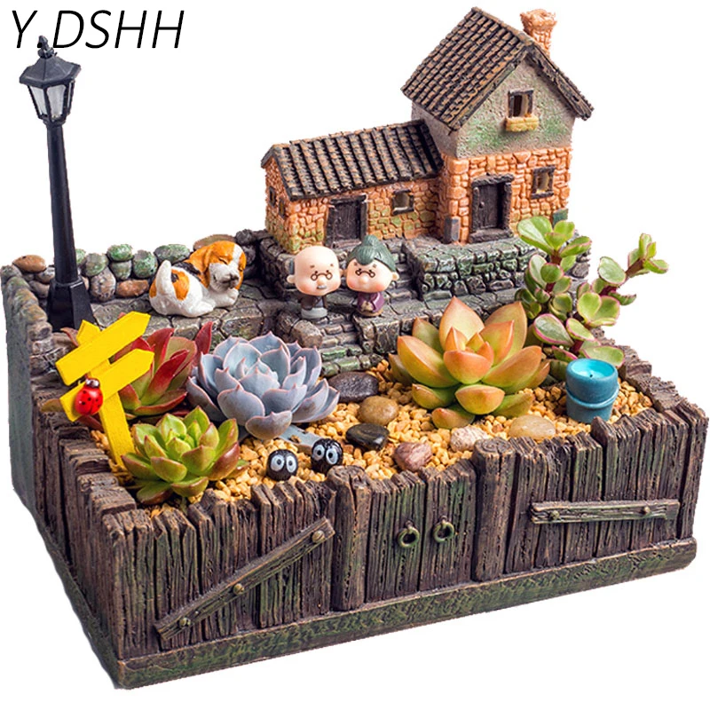 

Flower Pot Garden Planter Maceteros Decor Succulent Plant Pots Bonsai With Light Vintage European Town Table Desktop Decoration