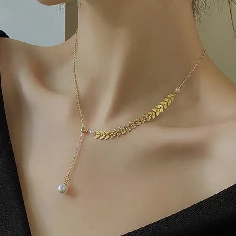 

Fashion Adjustable Y-Shaped Wheat Pearl Pendant Necklace for Women Long Clavicle Chain Vintage Jewelry Neck Chain Necklaces Gift