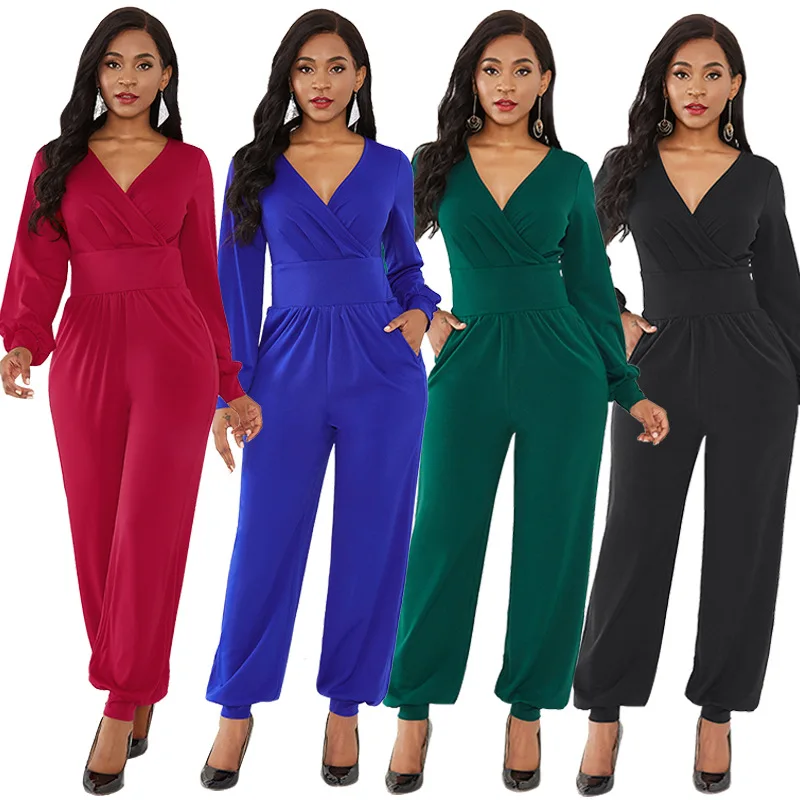 

Autumn Fashion V Neck Lantern Sleeve Long Pant Jumpsuit Women Elegant Wide Leg Romper Winter Office Lady Sexy Overalls Plus Size