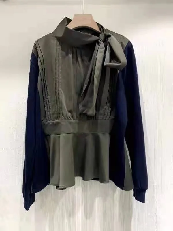 

High Quality Sweatshirt 2021 Spring Autumn Fashion Tops Women Bow Deco Color Block Patchwork Long Sleeve Casual Sweatshirt Blue
