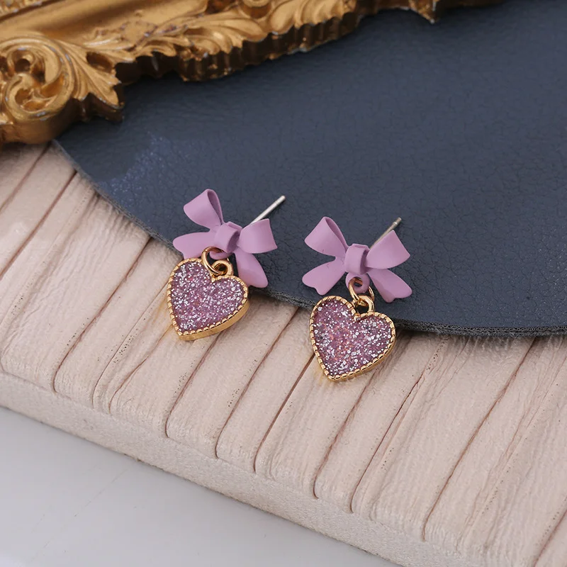 

Women's Temperament Sweet Purple Bow Love Earrings Hypoallergenic Fashion Small Fresh Frosted Dangling Earrings Simple and Cute