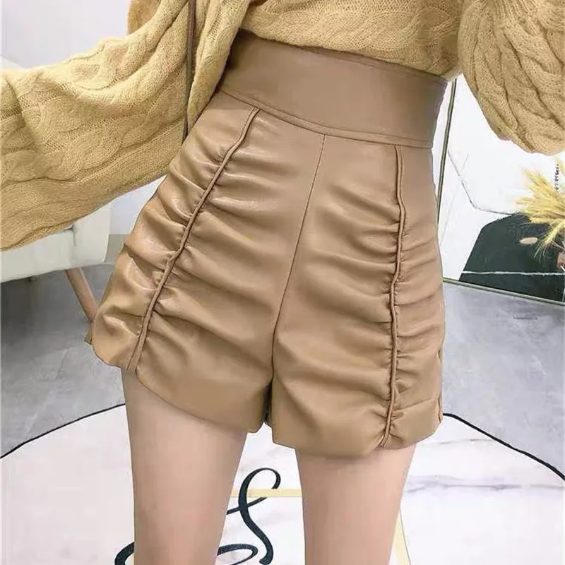 Genuine Leather Shorts For Women High Waisted 2023 New Fashion Wrinkled Wide Leg Shorts Women Female Trousers Casual Style