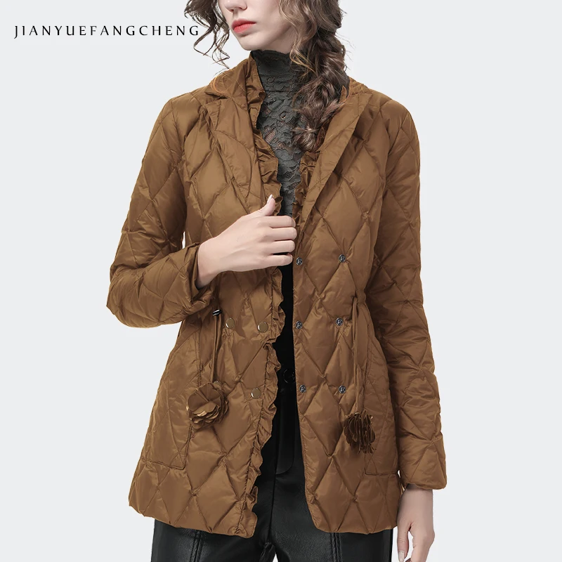 

Fashion Adjustable Drawstring Design Women Suit Collar Down Jacket Solid Long Ruffled Warm White Duck Down Winter Puffer Coats