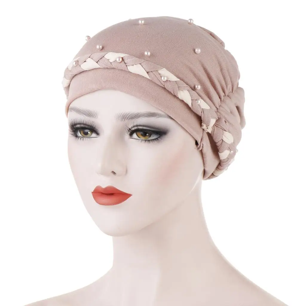 Khaki Pink Мусульманская женская индийская шапочка-тюрбан, бусы, коса, рак, химиотерапия, головной убор, шапка, Арабская шапка, Исламская облегающая шапка, шапка для выпадения волос, модная шапка - Цвет: Khaki Pink