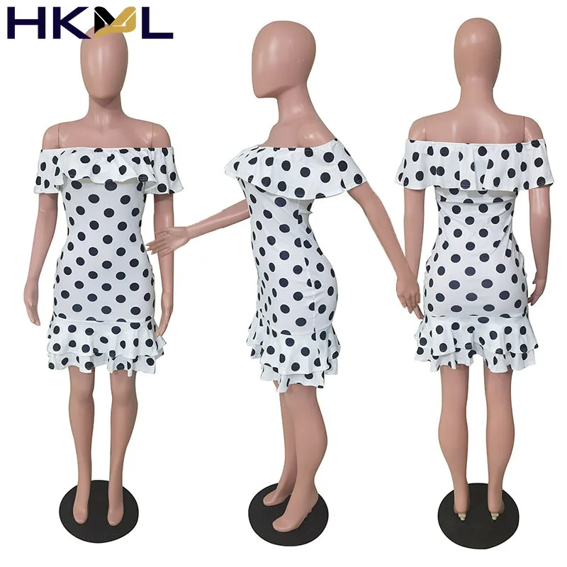 

2021 Summer Women Mini Dress White Wave Point Ruffles Off Shoulder Sexy Bodycon Club Outfits