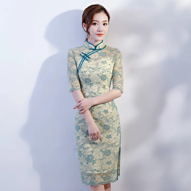 

Female Sexy Lace Chinese Qipao Mandarin Collar Print Flower Dress Gown Vintage Button Cheongsam Sheath High Split Short Vestidos