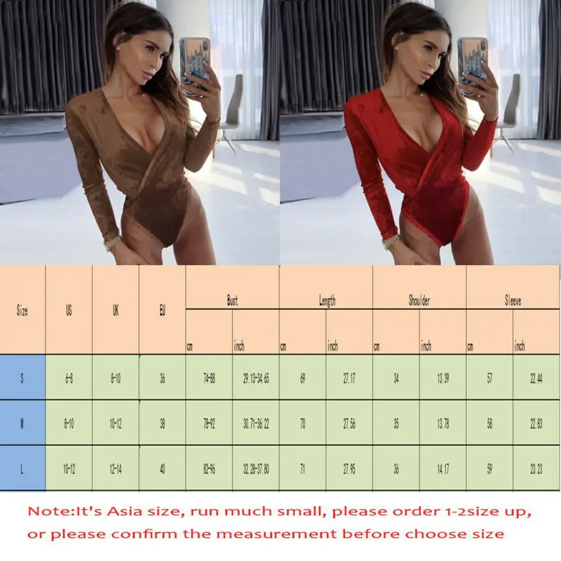 

2019 Long Sleeve Velvet V-neck Sexy Bodysuit Autumn Winter Women Party Streetwear Outfits Clubwear Bodysuit