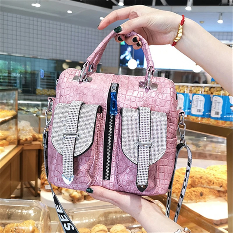 Женские сумки на плечо украшенные кристаллами розовая красная роскошная сумка