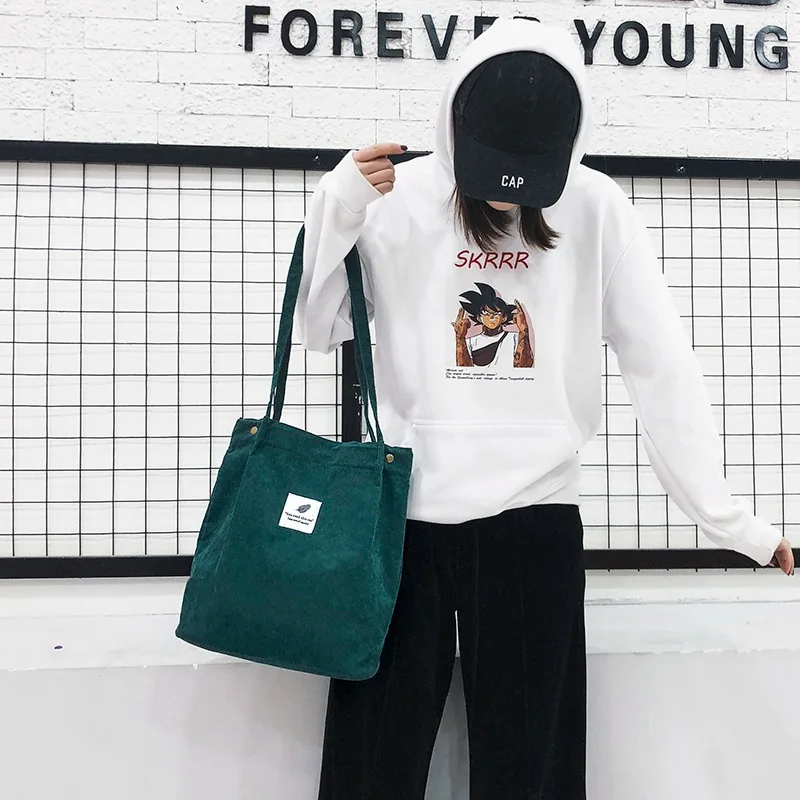 

2021 Women Canvas Tote Bag Corduroy Shopping Female Eco Cloth Handbag Big Women Folding Shoulder Reusable Foldable Shopper Bags