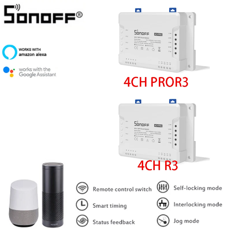 Интеллектуальный выключатель света Sonoff 4CH PROR3 R3 канал C креплением на рейке Din WI FI