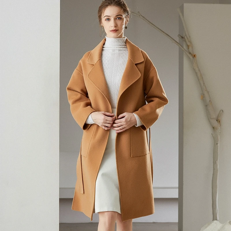 

Осенне-зимнее модное шерстяное пальто из 100% шерсти для женщин, средней и длинной длины выше колена, стиль Хепберн для женщин