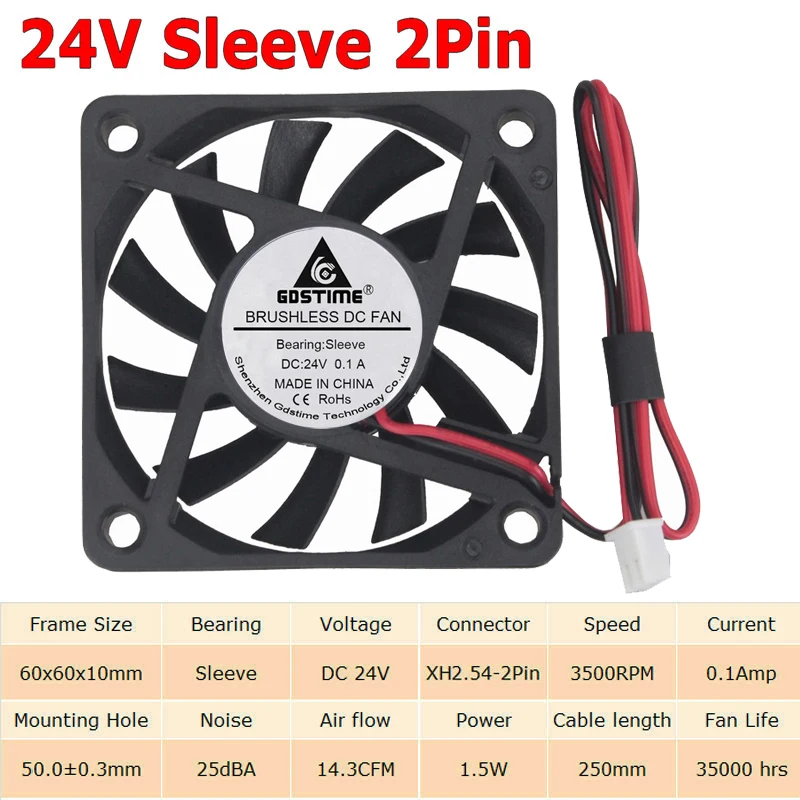 5 шт. в партии Gdstime 5 В, 12 В, 24 В постоянного тока, 2Pin 3Pin USB 60 мм 60x60x10 мм 6010 DC мини охлаждающий вентилятор Cooler Втулка с отверстиями для шариков подшипника - Цвет лезвия: 24V Sleeve 2Pin