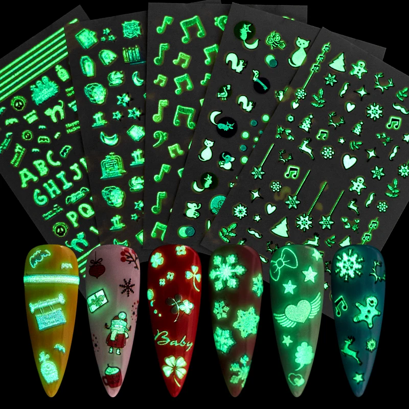 1 лист рождественских снежинок 3D наклейки для ногтей светящиеся в темноте