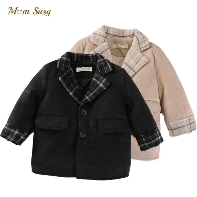 

Baby Boy Girl Woolen Plaid Jacket Suit Button Warm Infant Toddle Lapel Tweed Coat Cotton Padded Baby Outwear Clothes 1-5Y