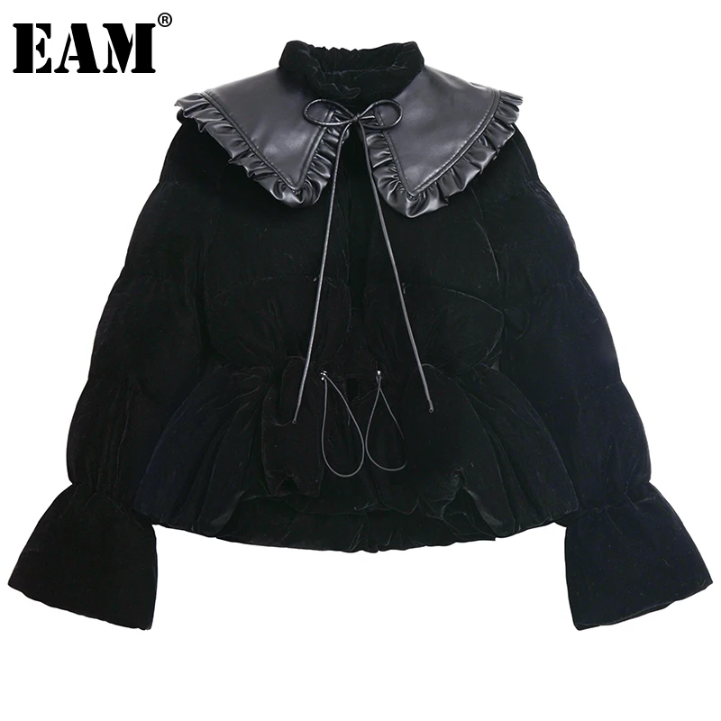 

[EAM] Leather Big Size Warm Cotton-padded Coat Long Sleeve Loose Fit Women Parkas Fashion Tide New Autumn Winter 2021 1DE4178
