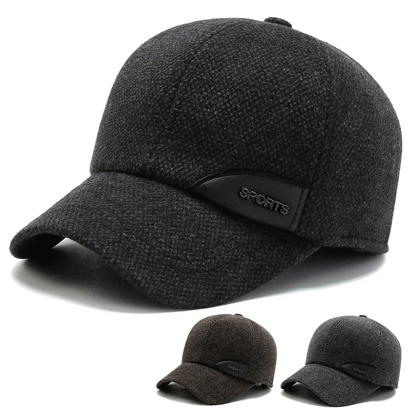 

Men Winter Baseball Cap Keep Warm Casquette Bone Snapback Thicken Woolen Ear Protection Dad Hat Earflap Knitted Fitted Gorra