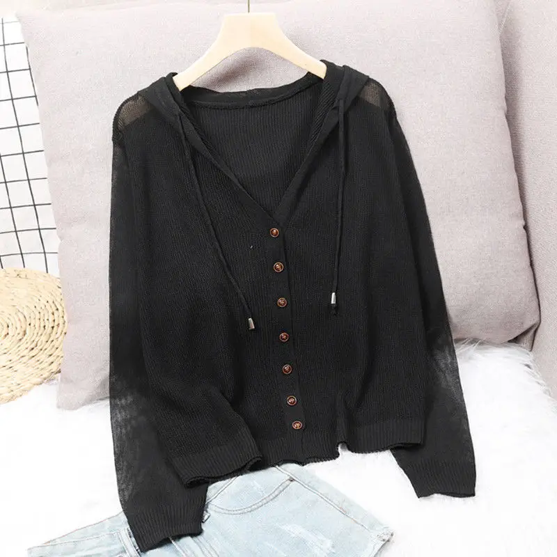 

Hooded knitted cardigan women's loose long sleeve thin cut out ice silk coat