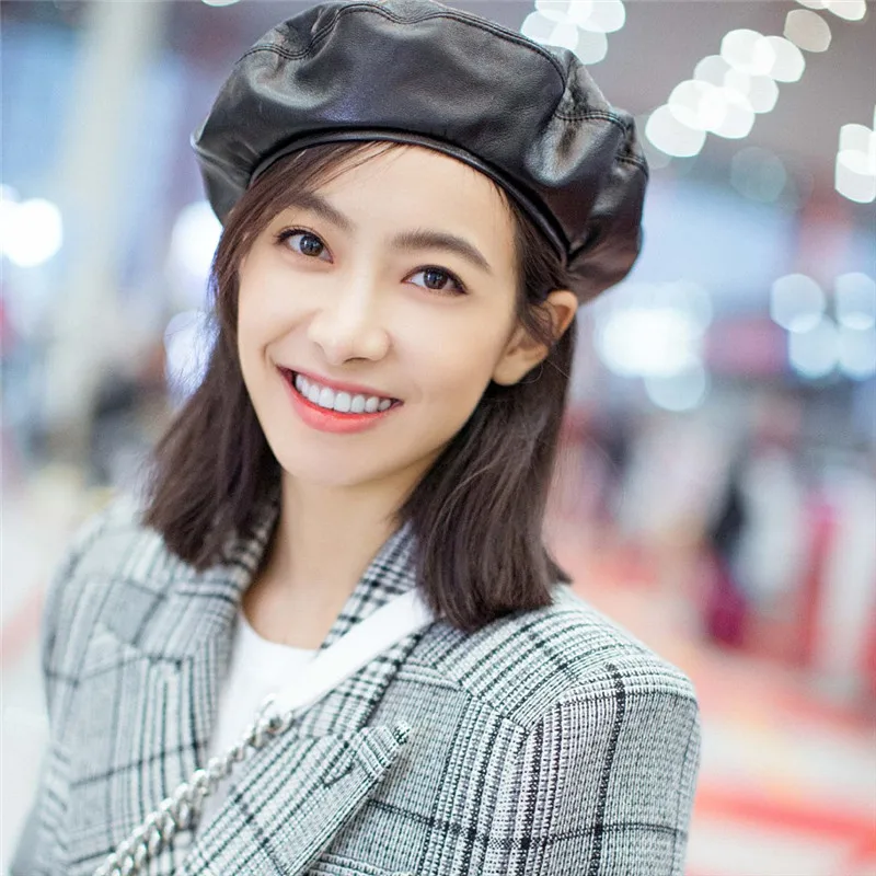 Song Qian Airport street shot same style hat for girls Korean beret PU leather black octagonal fashion painter | Аксессуары для