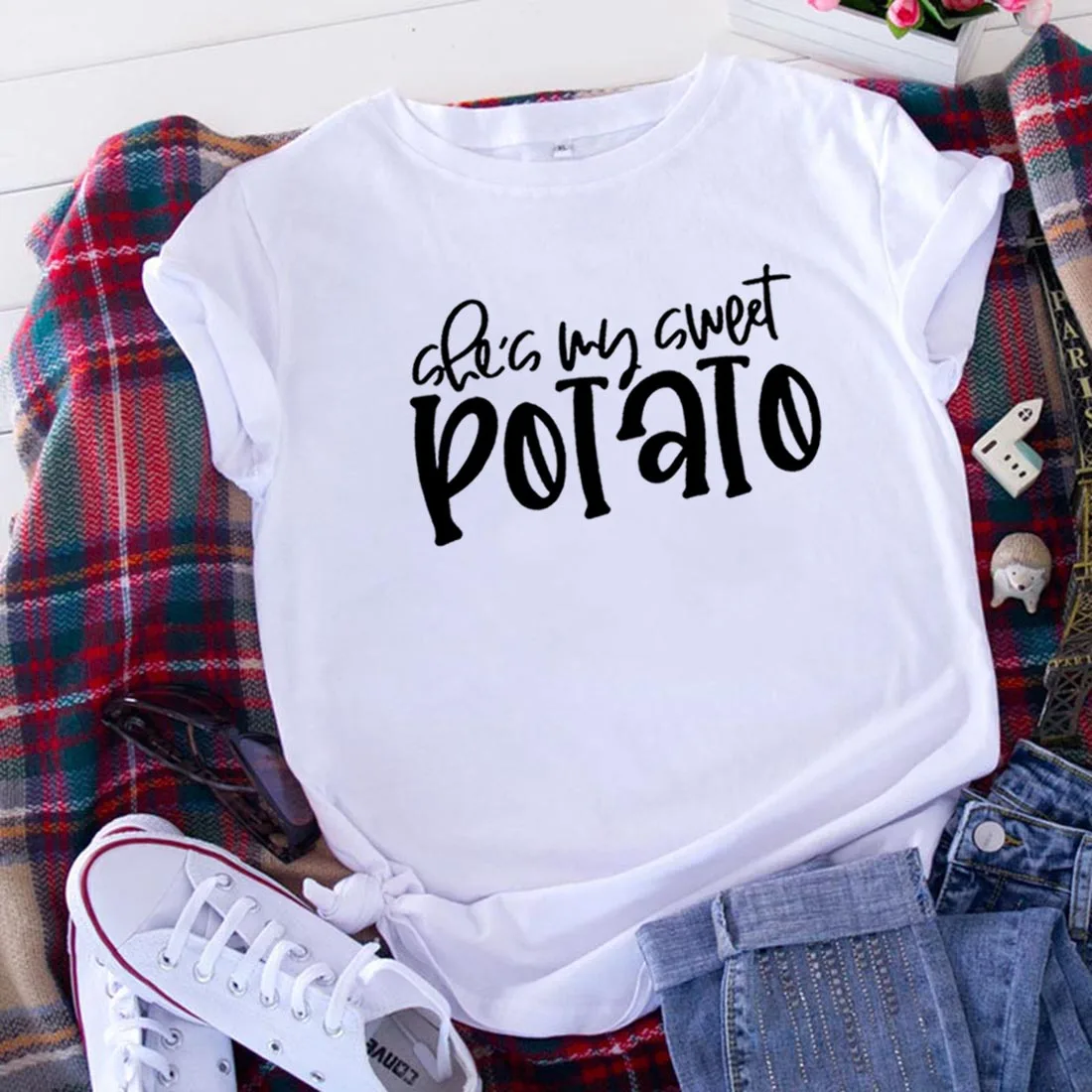 

She My Sweet Potato Funny T Shirt Women Cotton Harajuku Tshirt Women Shrot Sleeve Loose Camiseta Mujer Black Tee Shirt Femme